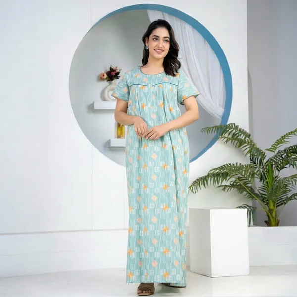 Sky_Blue_Cotton_Floral_Print_Nighty_For_Women