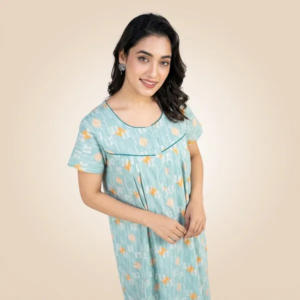 Sky_Blue_Cotton_Floral_Print_Nighty_For_Women