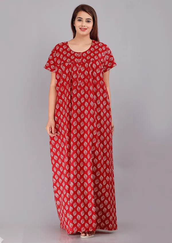 Red_Cotton_Floral_Print_Maxi_Nighty_For_Women