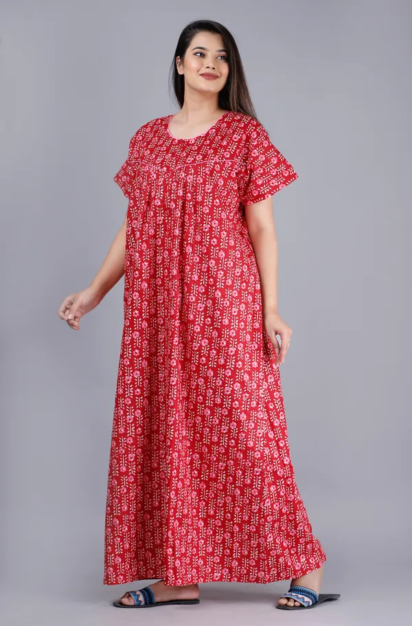 Red_Cotton_Floral_Print_A_Line_Nighty_For_Women