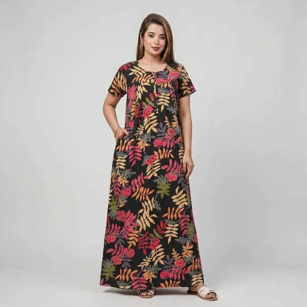Black_Cotton_Floral_Print_Nighty_For_Women
