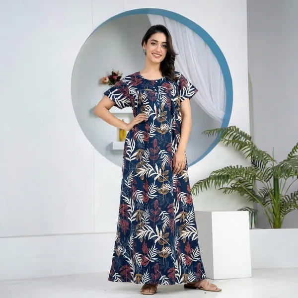 Navy_Blue_Cotton_Floral_Print_Nighty_For_Women