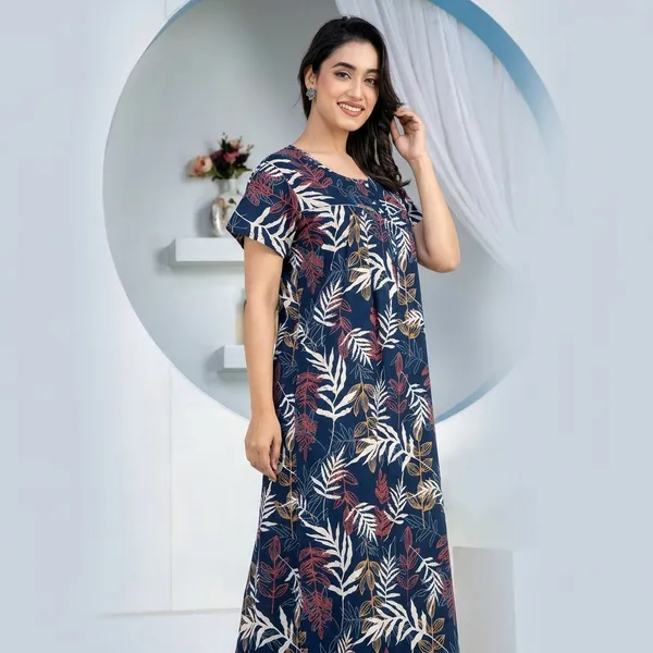 Navy_Blue_Cotton_Floral_Print_Nighty_For_Women