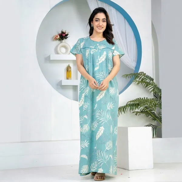 Sky_Blue_Cotton_Leaf_Print_A_Line_Nighty_For_Women