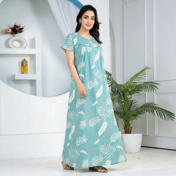 Sky_Blue_Cotton_Leaf_Print_A_Line_Nighty_For_Women