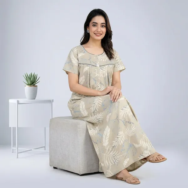 Grey_Cotton_Leaf_Print_Nighty_For_Women
