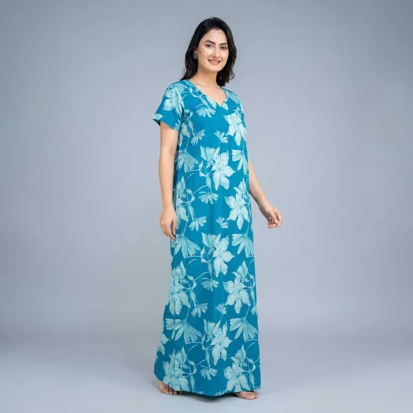 Blue_Cotton_Floral_Print_Nighty_For_Women