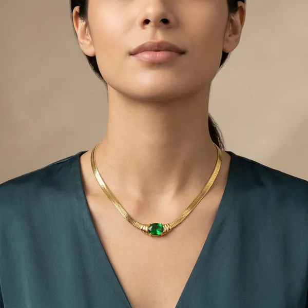 Gold_Green_Gold-Plated_Green_Stone_Herringbone_Chain_Necklace_For_Women