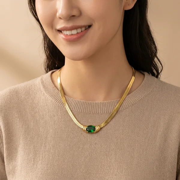 Gold_Green_Gold-Plated_Green_Stone_Herringbone_Chain_Necklace_For_Women