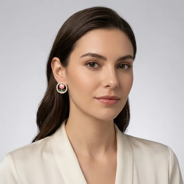 White_Gold_Alloy_Pearl_Beaded_Floral_Enamel_Stud_Earrings_For_Women