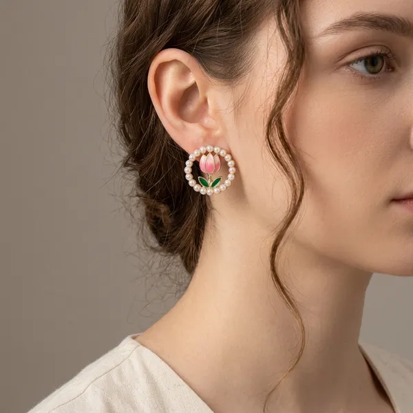 White_Gold_Alloy_Pearl_Beaded_Floral_Enamel_Stud_Earrings_For_Women