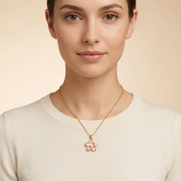 Gold_Pink_Enamel_Flower_Pendant_Anti-Tarnish_Necklace_For_Women