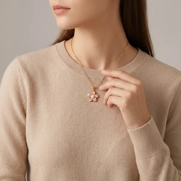 Gold_Pink_Enamel_Flower_Pendant_Anti-Tarnish_Necklace_For_Women