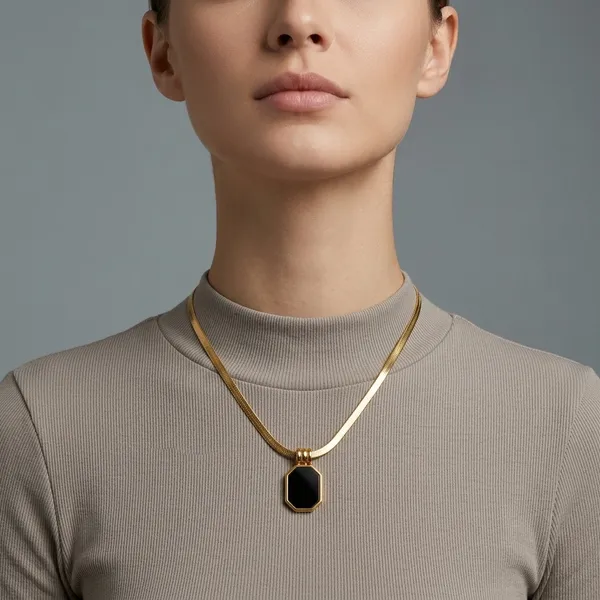 Gold_Black_Stone_Hexagonal_Pendant_Snake_Chain_Necklace_For_Women