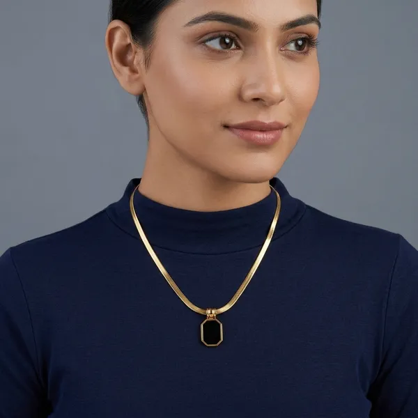 Gold_Black_Stone_Hexagonal_Pendant_Snake_Chain_Necklace_For_Women