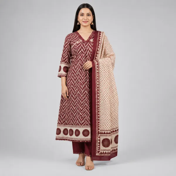 Maroon_Chevron_Print_Anarkali_Kurta_Set_For_Women