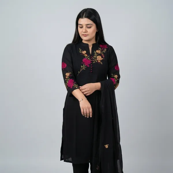Black_Floral_Embroidered_Kurta_Set_For_Women