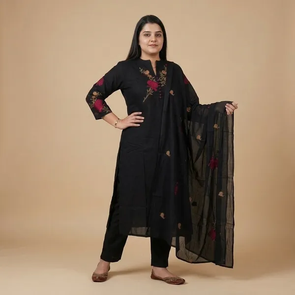 Black_Floral_Embroidered_Kurta_Set_For_Women