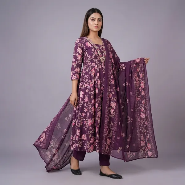 Purple_Floral_Print_Embroidered_Anarkali_Suit_Set_For_Women