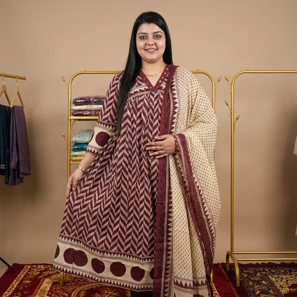 Maroon_Chevron_Print_Anarkali_Kurta_Set_For_Women