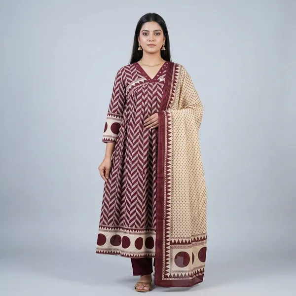 Maroon_Chevron_Print_Anarkali_Kurta_Set_For_Women