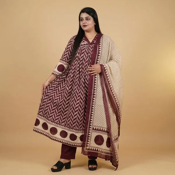 Maroon_Chevron_Print_Anarkali_Kurta_Set_For_Women