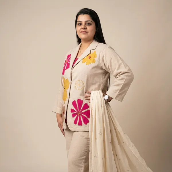 Beige_Floral_Applique_Straight_Suit_Set_For_Women