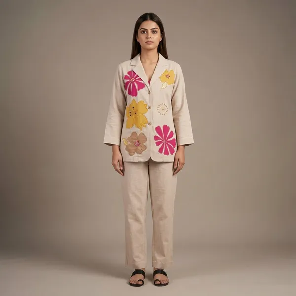 Beige_Floral_Applique_Straight_Suit_Set_For_Women