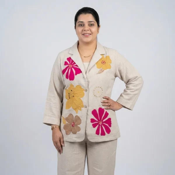 Beige_Floral_Applique_Straight_Suit_Set_For_Women