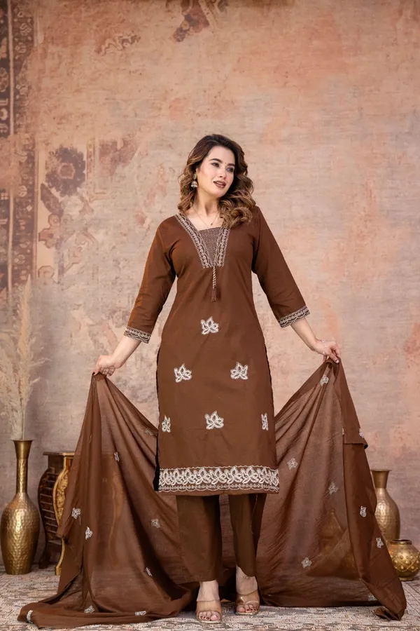 Brown_Embroidered_Straight_Kurta_Suit_Set_For_Women