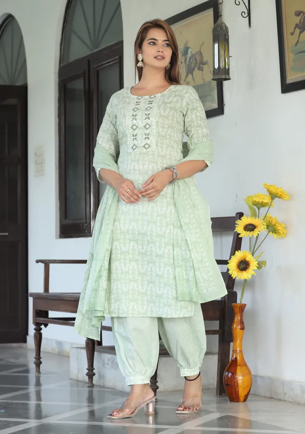 Mint_Green_Floral_Printed_Straight_Kurta_Set_For_Women