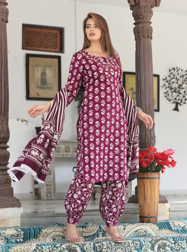 Maroon_Floral_Print_Embellished_Straight_Kurta_Set_For_Women