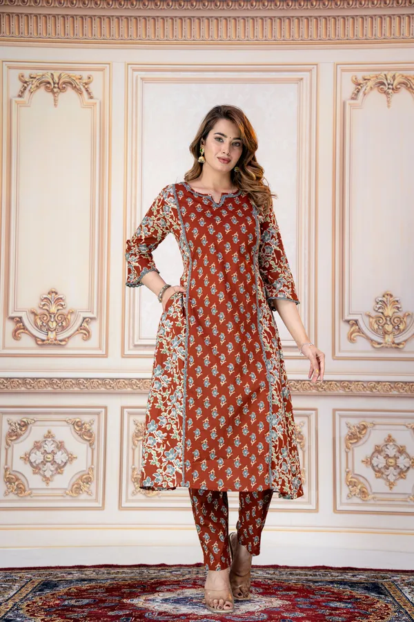 Rust_Floral_Printed_Straight_Kurta_Set_For_Women