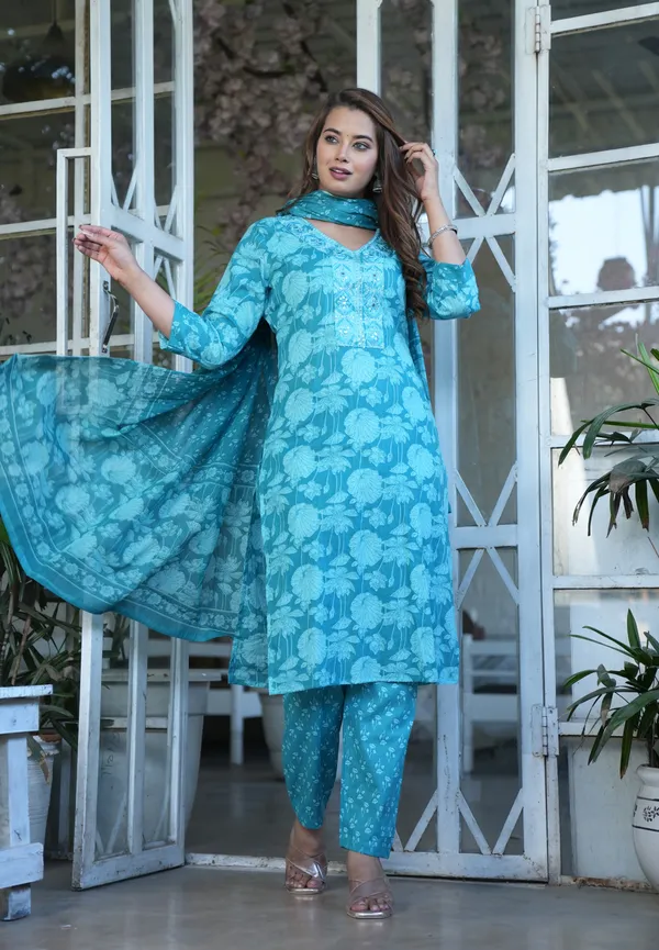 Turquoise_Floral_Printed_Straight_Kurta_Set_For_Women