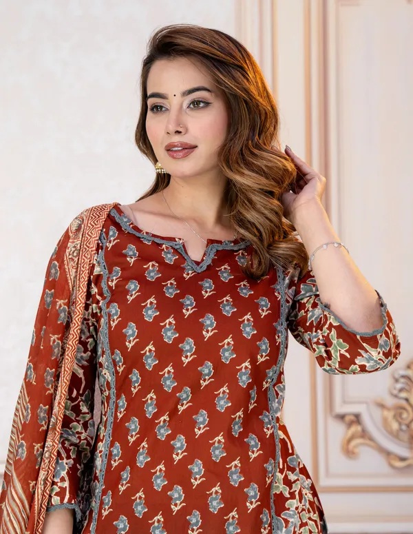 Rust_Floral_Printed_Straight_Kurta_Set_For_Women