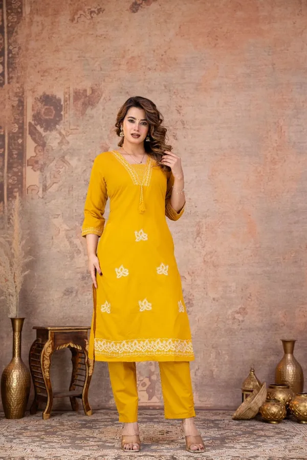 Mustard_Embroidered_Straight_Kurta_Set_For_Women