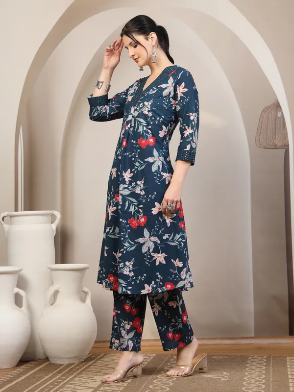 Navy_Floral_Print_Flared_Kurta_Set_For_Women