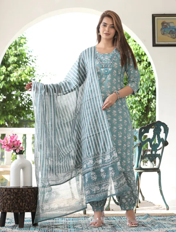 Teal_Botanical_Printed_Straight_Kurta_Set_For_Women