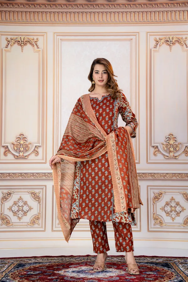 Rust_Floral_Printed_Straight_Kurta_Set_For_Women