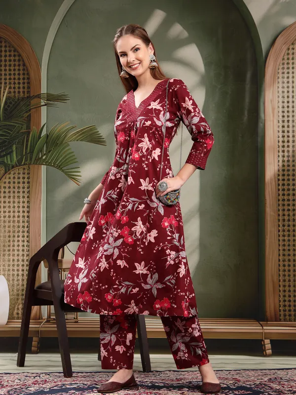 Maroon_Floral_Printed_Flared_Kurta_Set_For_Women