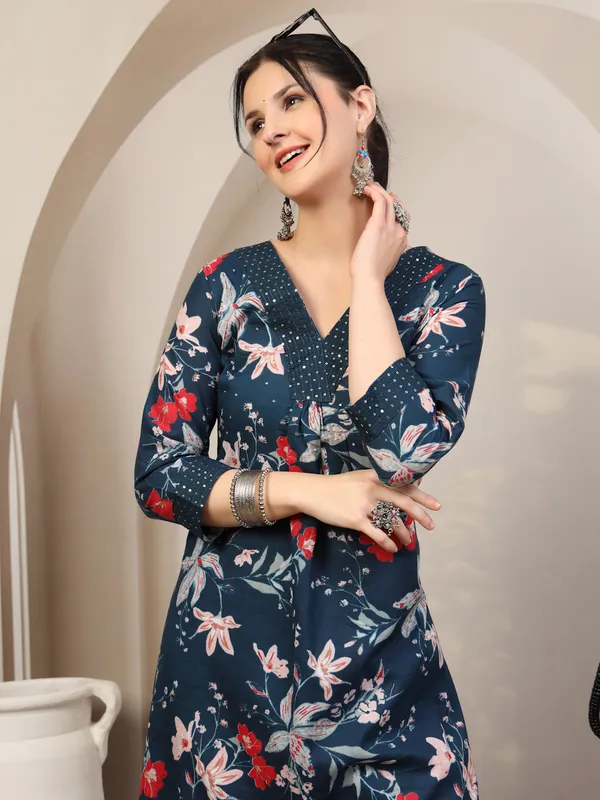 Navy_Floral_Print_Flared_Kurta_Set_For_Women