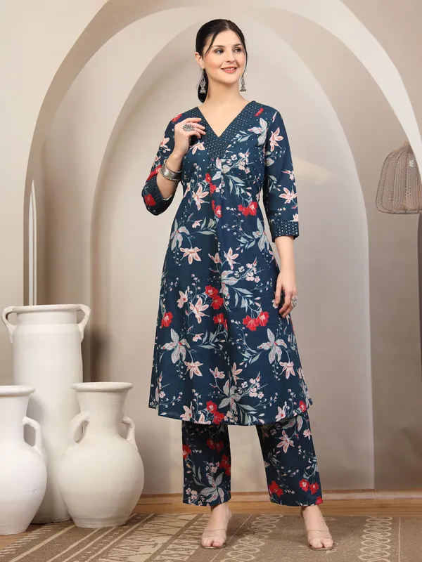 Navy_Floral_Print_Flared_Kurta_Set_For_Women