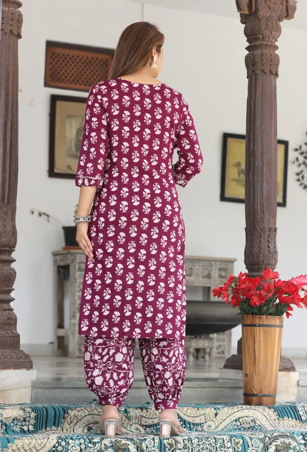 Maroon_Floral_Print_Embellished_Straight_Kurta_Set_For_Women