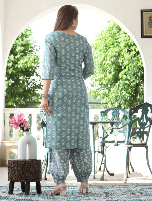 Teal_Botanical_Printed_Straight_Kurta_Set_For_Women