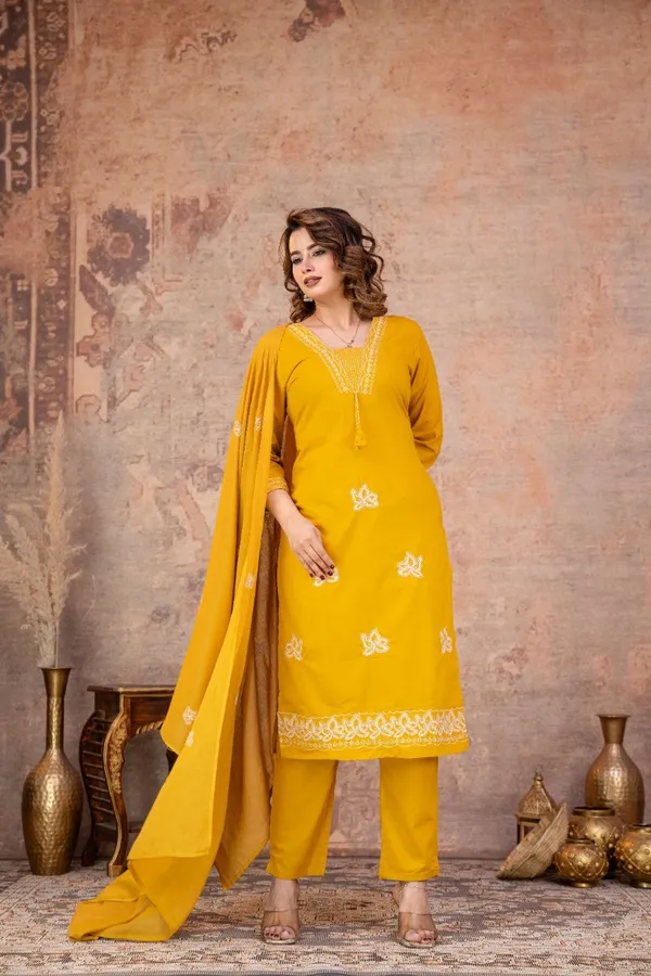 Mustard_Embroidered_Straight_Kurta_Set_For_Women