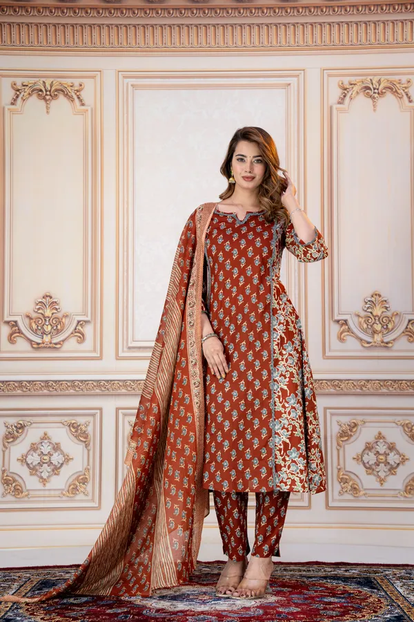 Rust_Floral_Printed_Straight_Kurta_Set_For_Women