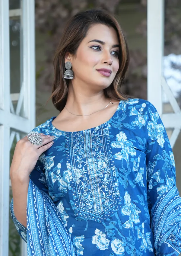 Blue_Floral_Printed_Straight_Kurta_Set_For_Women