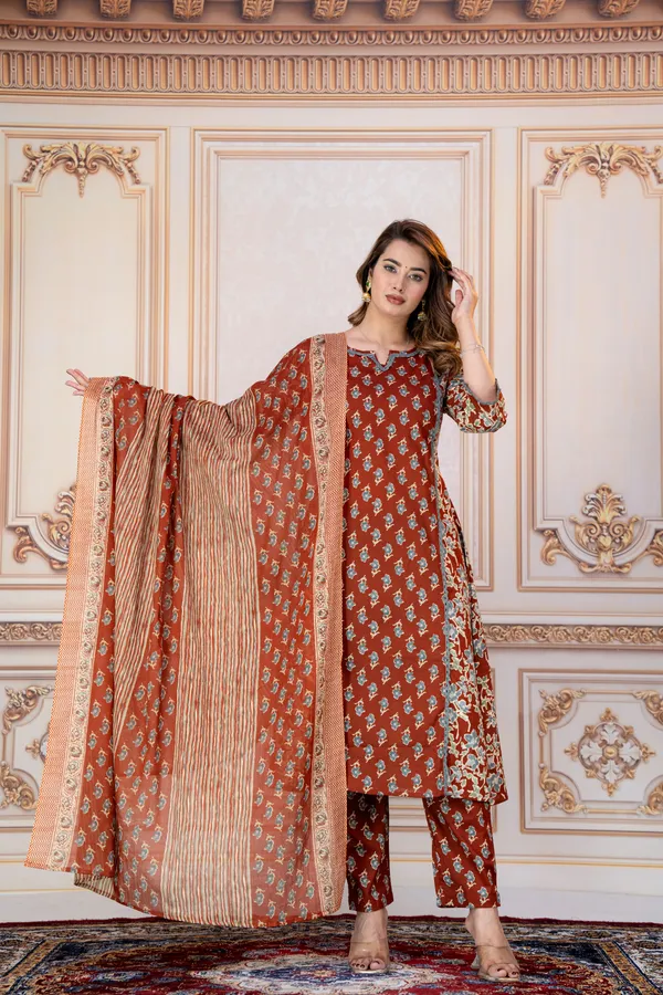 Rust_Floral_Printed_Straight_Kurta_Set_For_Women