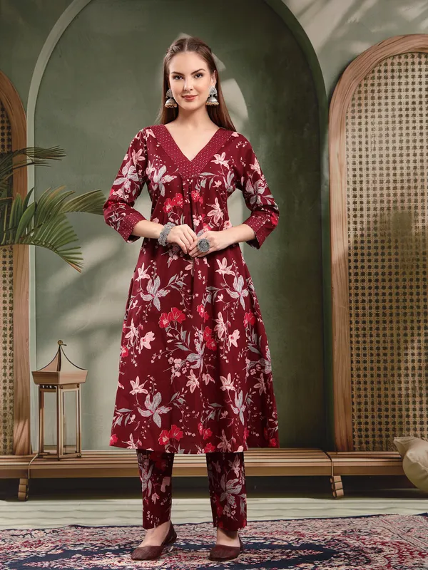 Maroon_Floral_Printed_Flared_Kurta_Set_For_Women