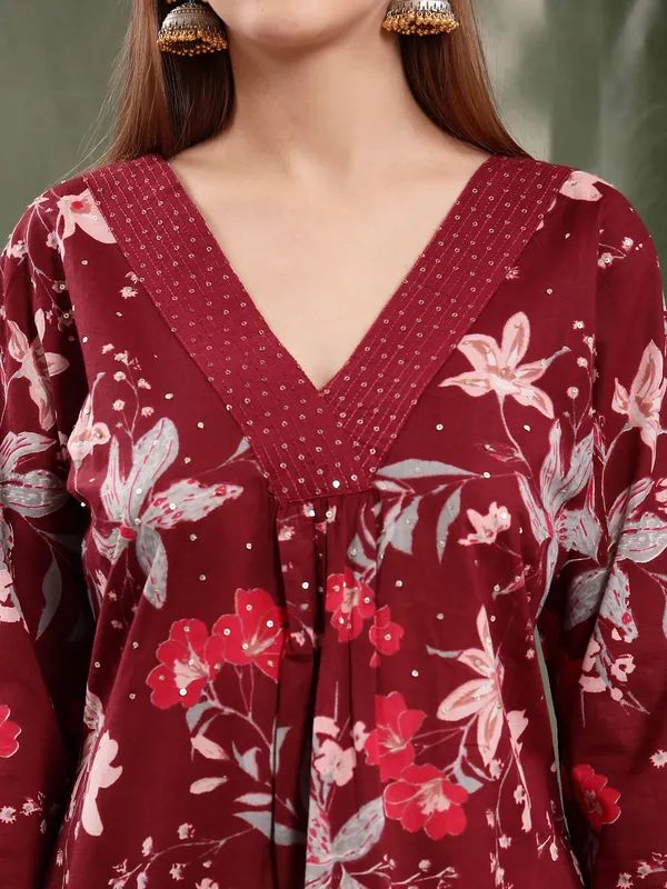 Maroon_Floral_Printed_Flared_Kurta_Set_For_Women
